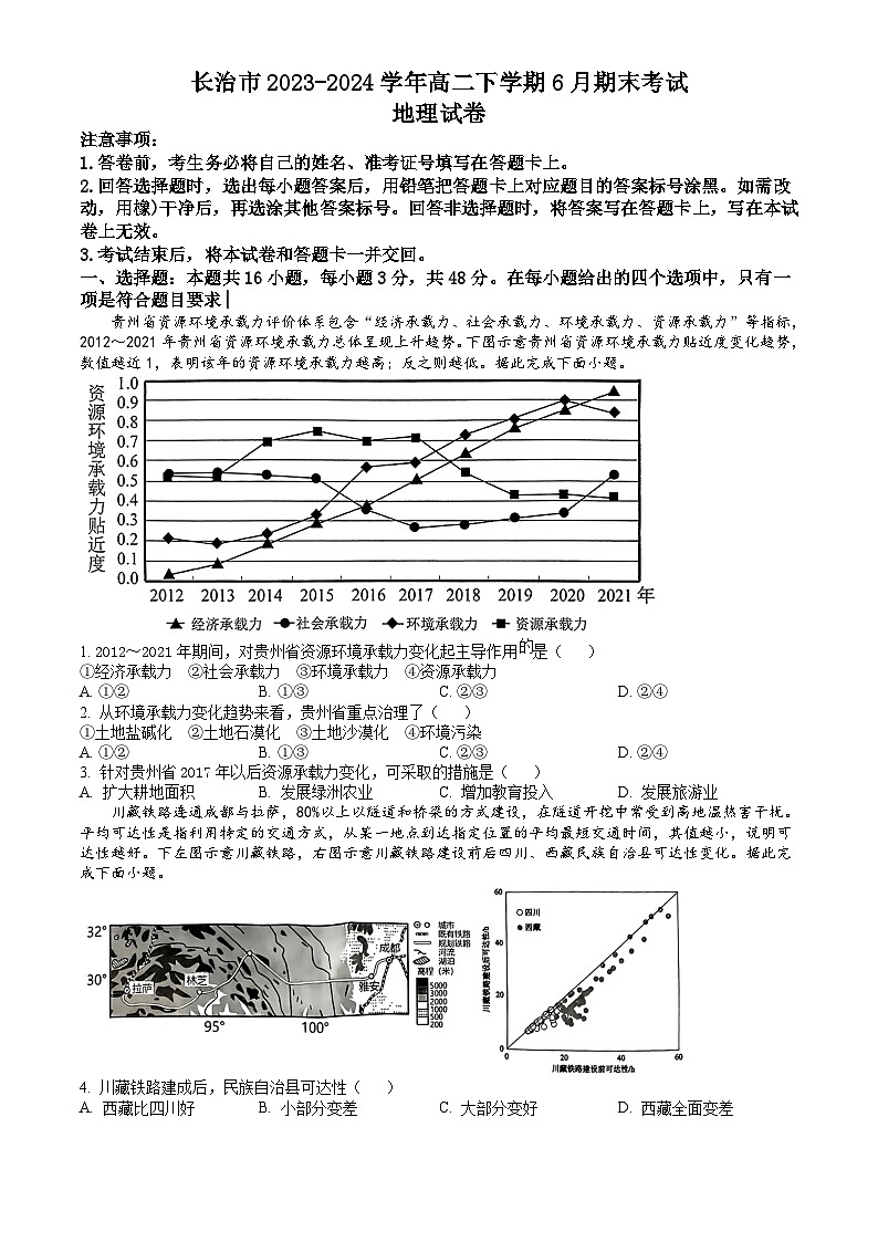 山西省长治市2023-2024学年高二下学期6月期末考试 地理试题 Word版含答案01
