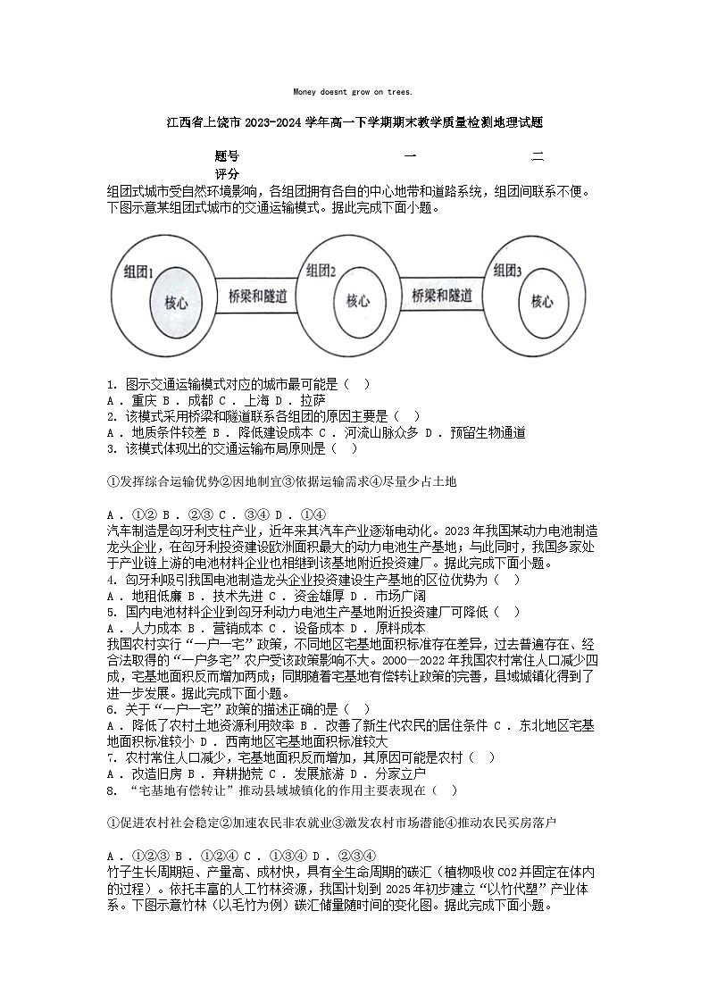 [地理][期末]江西省上饶市2023-2024学年高一下学期期末教学质量检测地理试题01