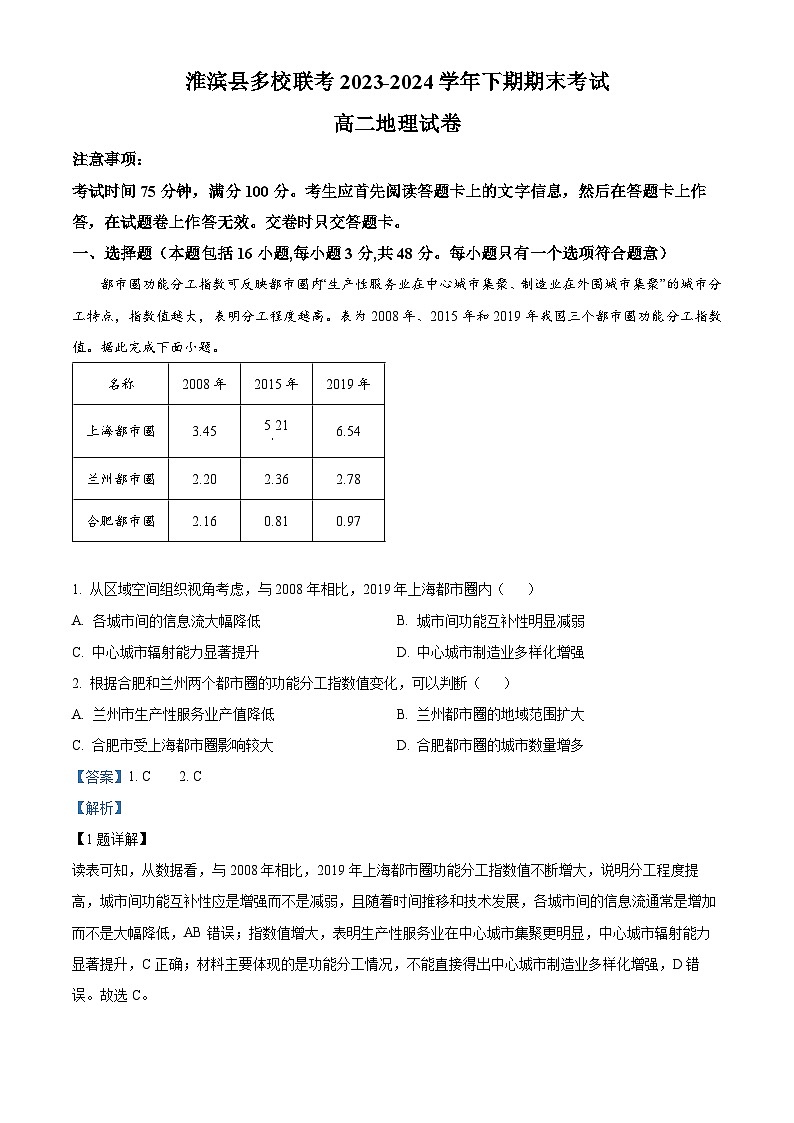 河南省信阳市淮滨县多校联考2023-2024学年高二下学期7月期末地理试题（原卷版+解析版）01