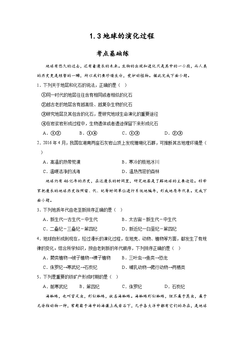 1.3《地球的演化过程》分层练习（原卷版）-中图版地理必修第一册第1页
