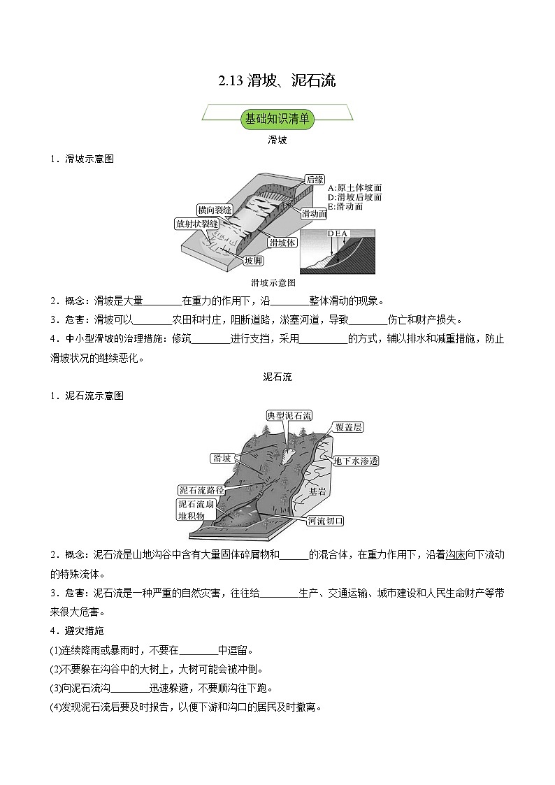 【新课标】2.1.3《滑坡、泥石流》分层练习（原卷版）-湘教版地理必修第一册01