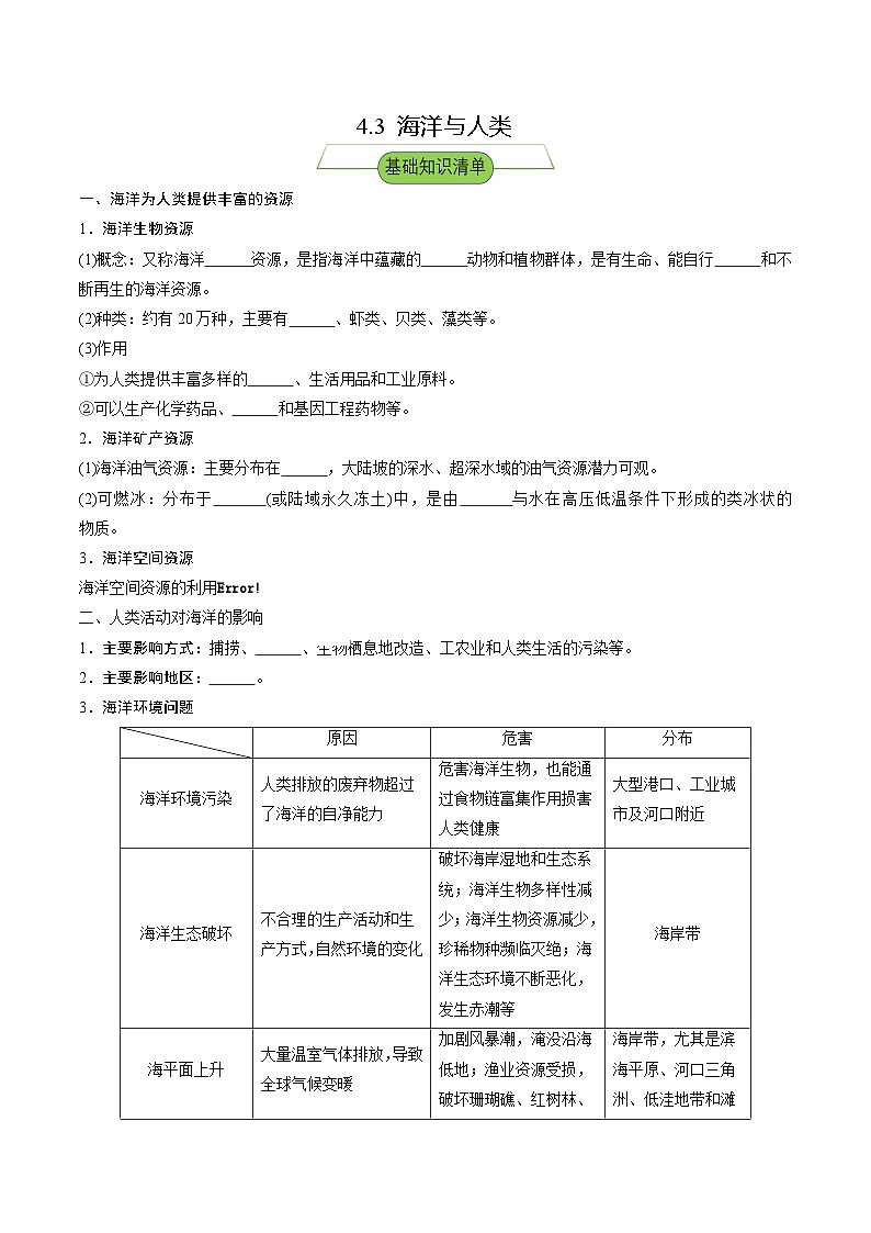 【新课标】4.3《海洋与人类》分层练习（原卷版）-湘教版地理必修第一册01