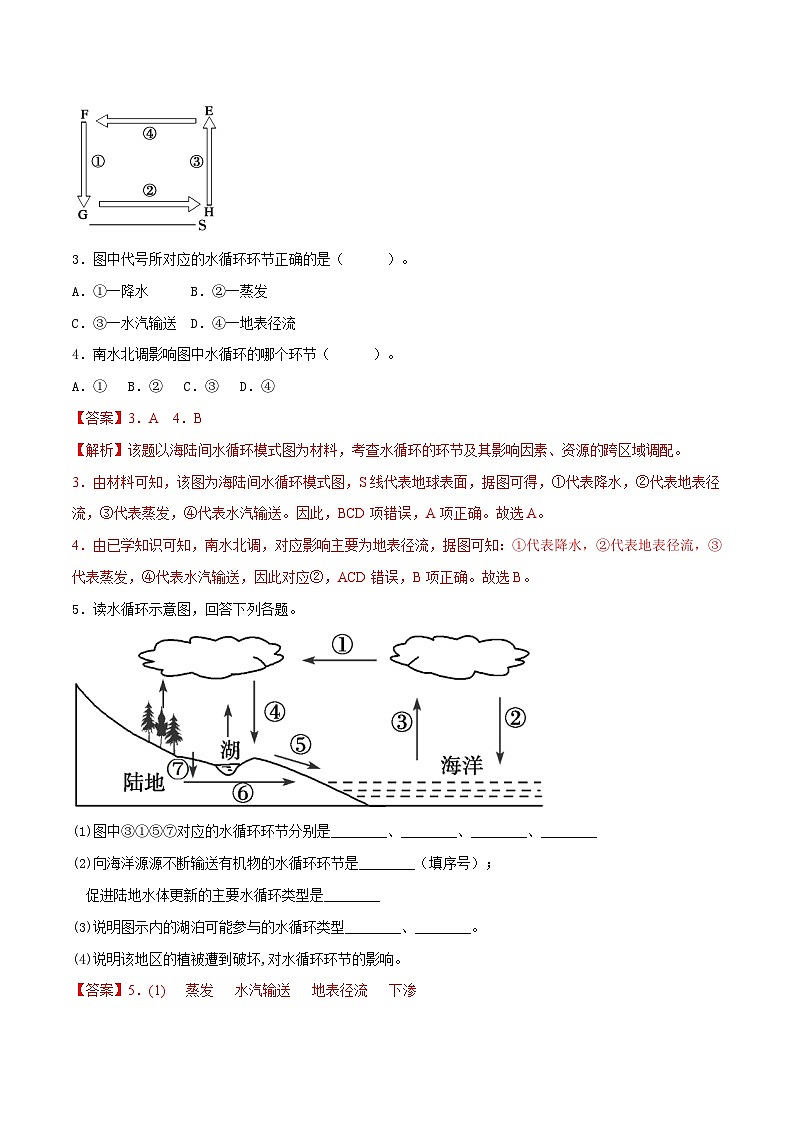 人教版地理必修第一册 3.1水循环（同步练习）原卷+解析02