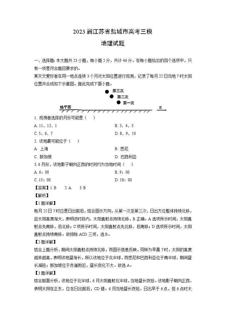 [地理][三模]2023届江苏省盐城市高考三模试题(解析版)01