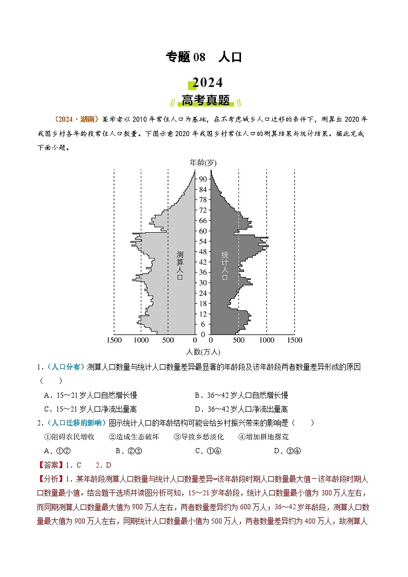 专题08 人口2024年高考真题和模拟题地理分类汇编01