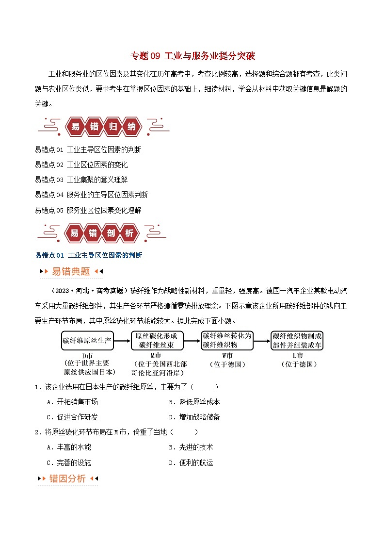 新高考专用备战2024年高考地理易错题精选专题09工业与服务业易错突破5大易错学生版01