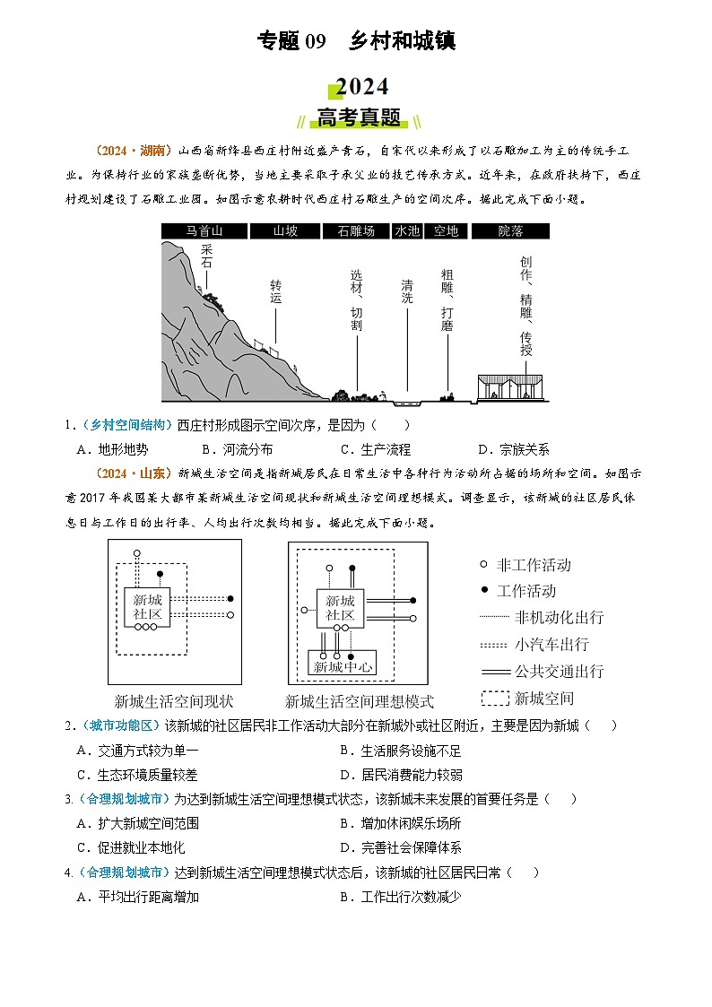 2024年高考真题和模拟题地理分类汇编（全国通用）专题09 乡村和城镇（原卷版）01