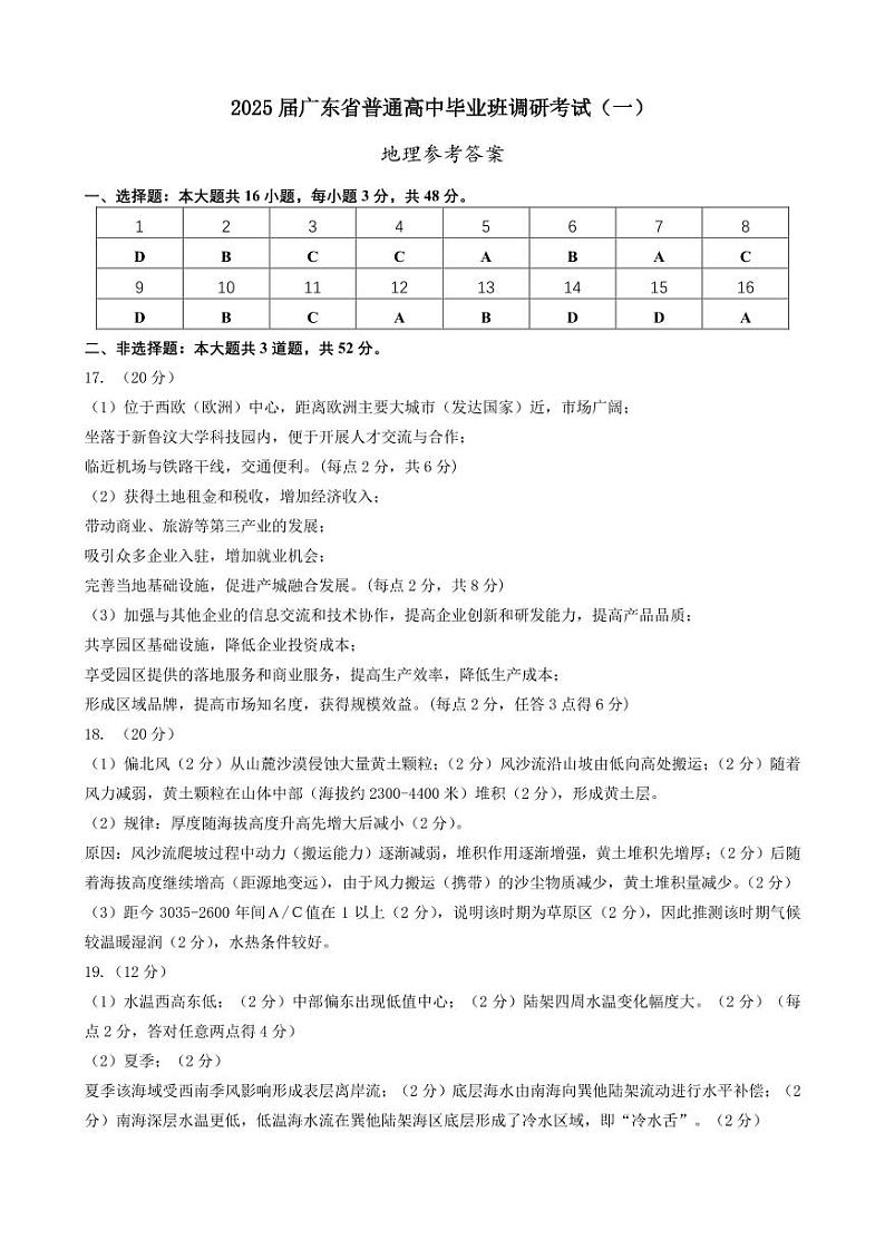 广东省2025届高三地理一调模拟卷（答案）第1页