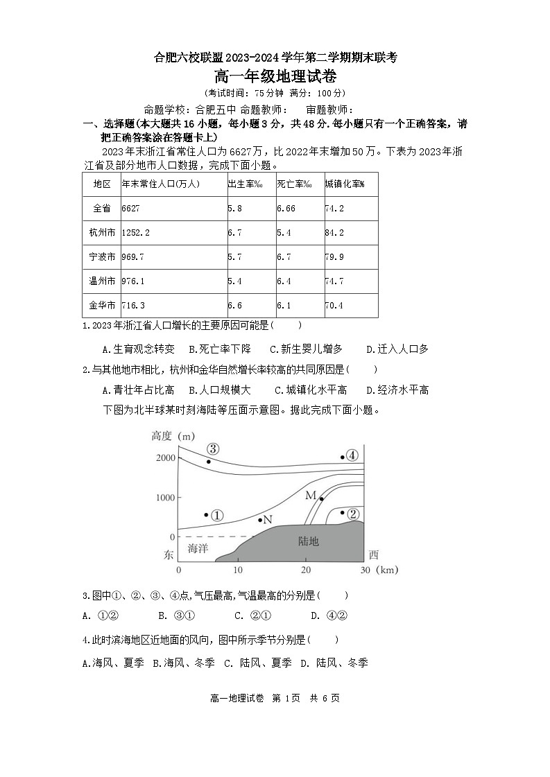 安徽省合肥市普通高中六校联盟2023-2024学年高一下学期期末联考地理试卷（Word版附解析）01
