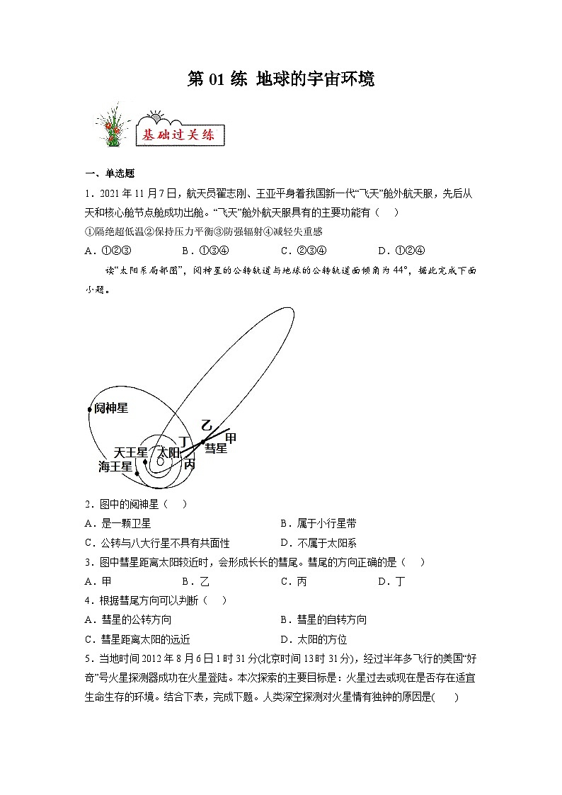 第01练 地球的宇宙环境-【同步练习】最新高一地理上册同步课后练（人教版2019必修第一册）（原卷版）第1页
