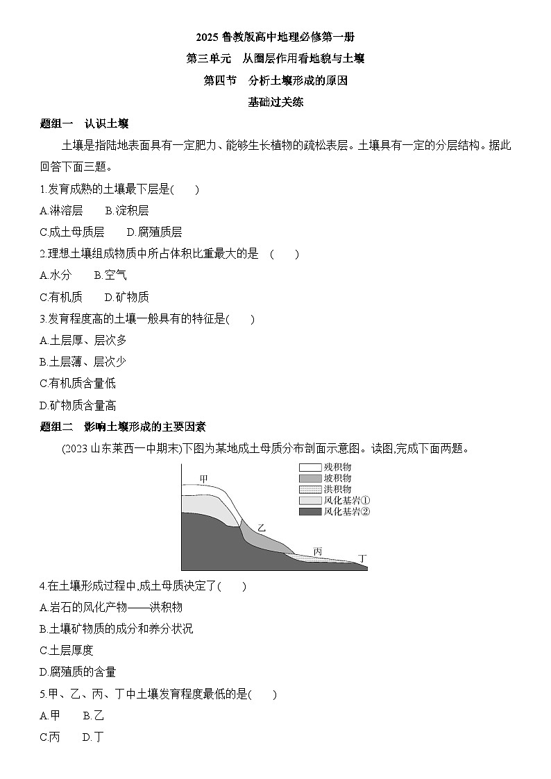 3.4 分析土壤形成的原因 同步练习题2024-2025学年鲁教版（2019）高中地理必修第一册第1页