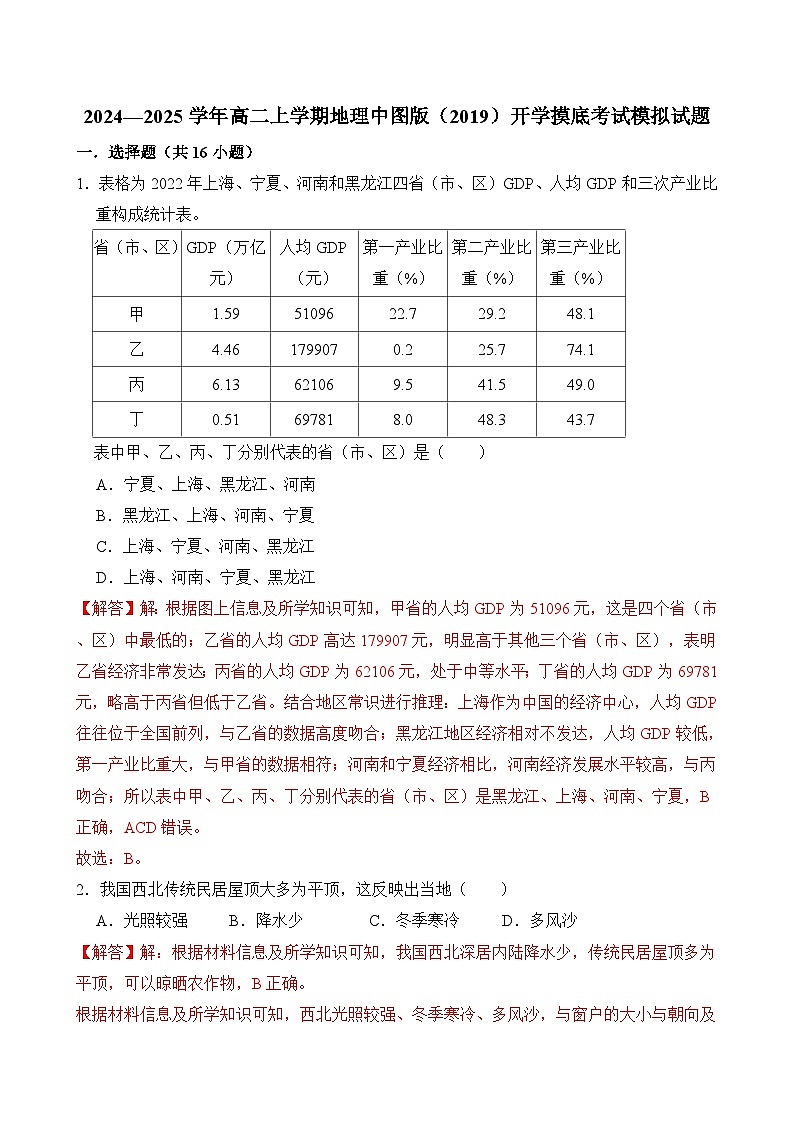 2024—2025学年高二上学期地理中图版（2019）开学摸底考试模拟试题（解析版）01