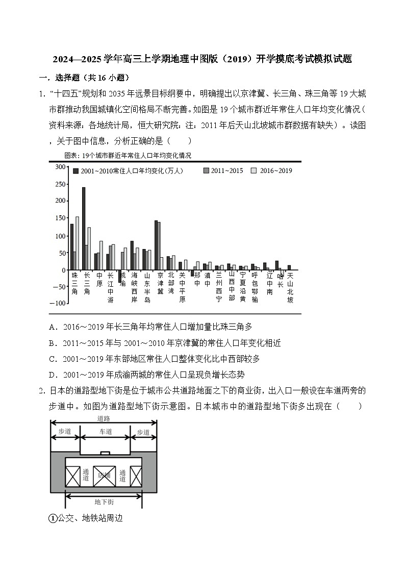 2024—2025学年高三上学期地理中图版（2019）开学摸底考试模拟试题（原卷版）01