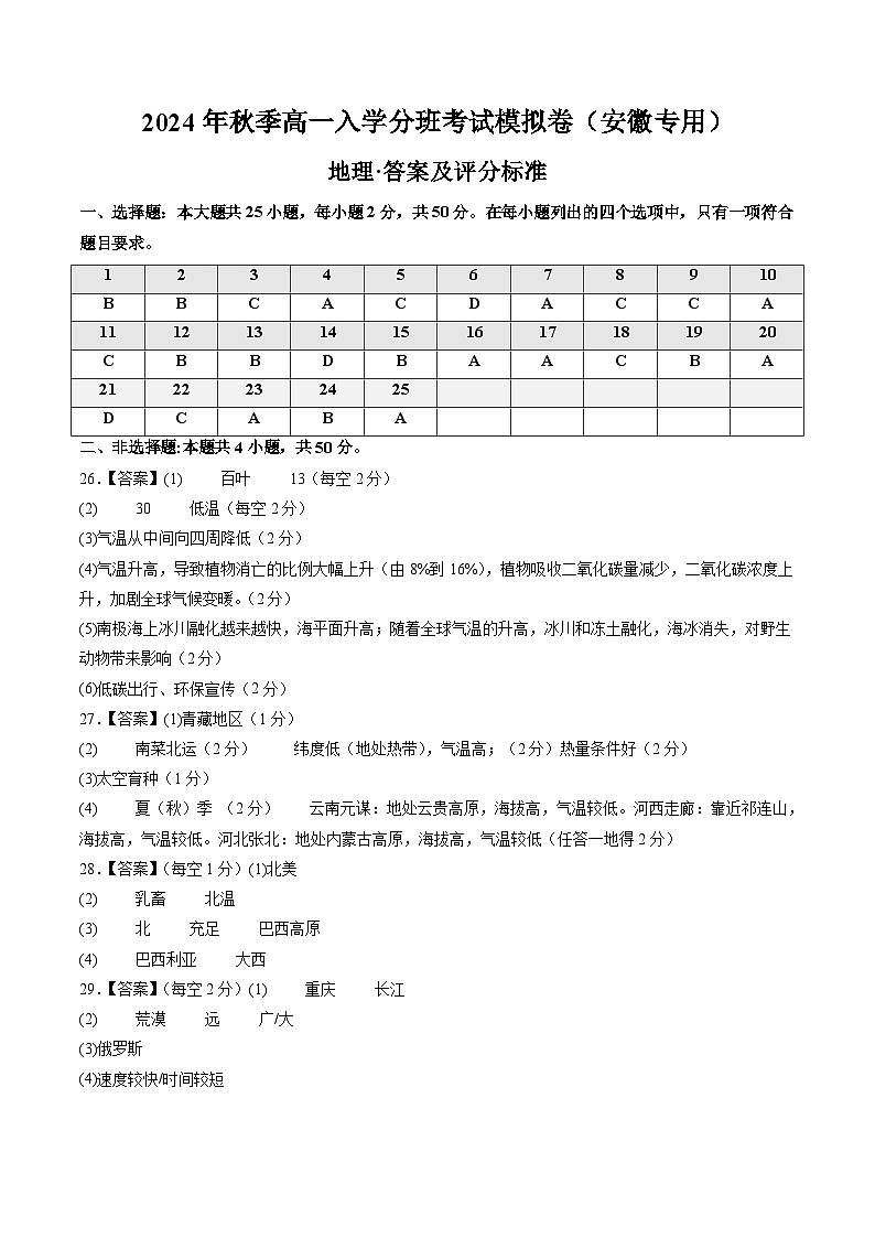 地理（安徽专用）（答案及评分标准）第1页