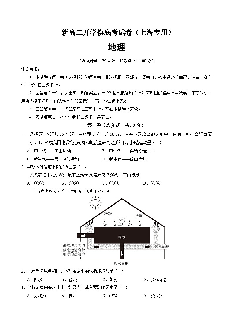 【开学考】2024年高二上册开学摸底考试卷地理（上海专用）01