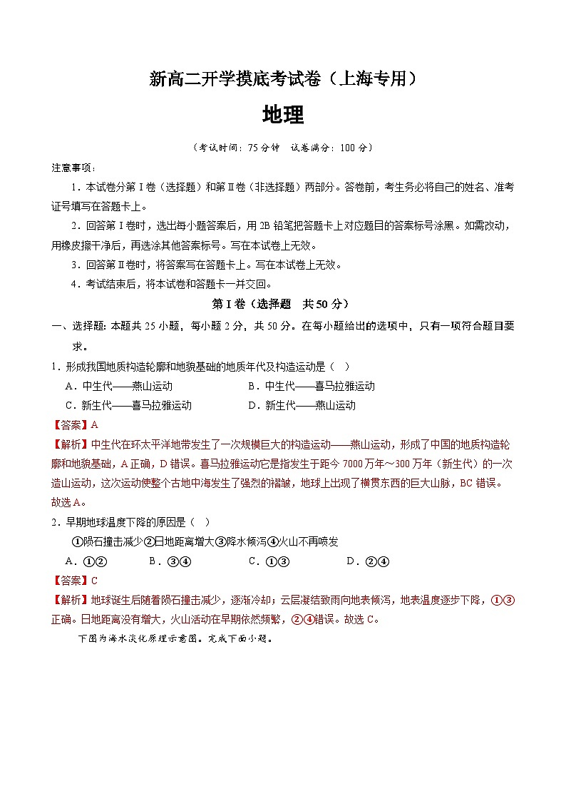 【开学考】2024年高二上册开学摸底考试卷地理（上海专用）01