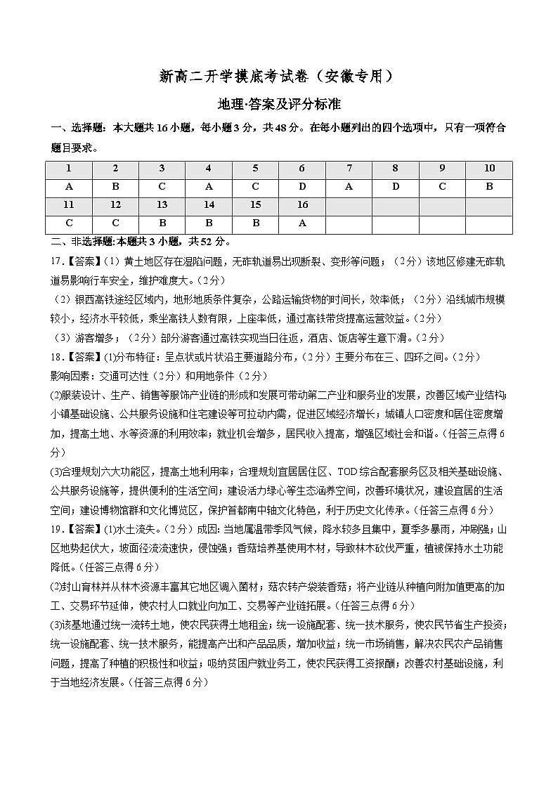 【开学考】2024年高二上册开学摸底考试卷地理（安徽专用）01
