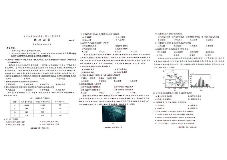 重庆市南开中学2024届高三下学期5月第九次模拟预测地理试题（PDF版附解析）第1页
