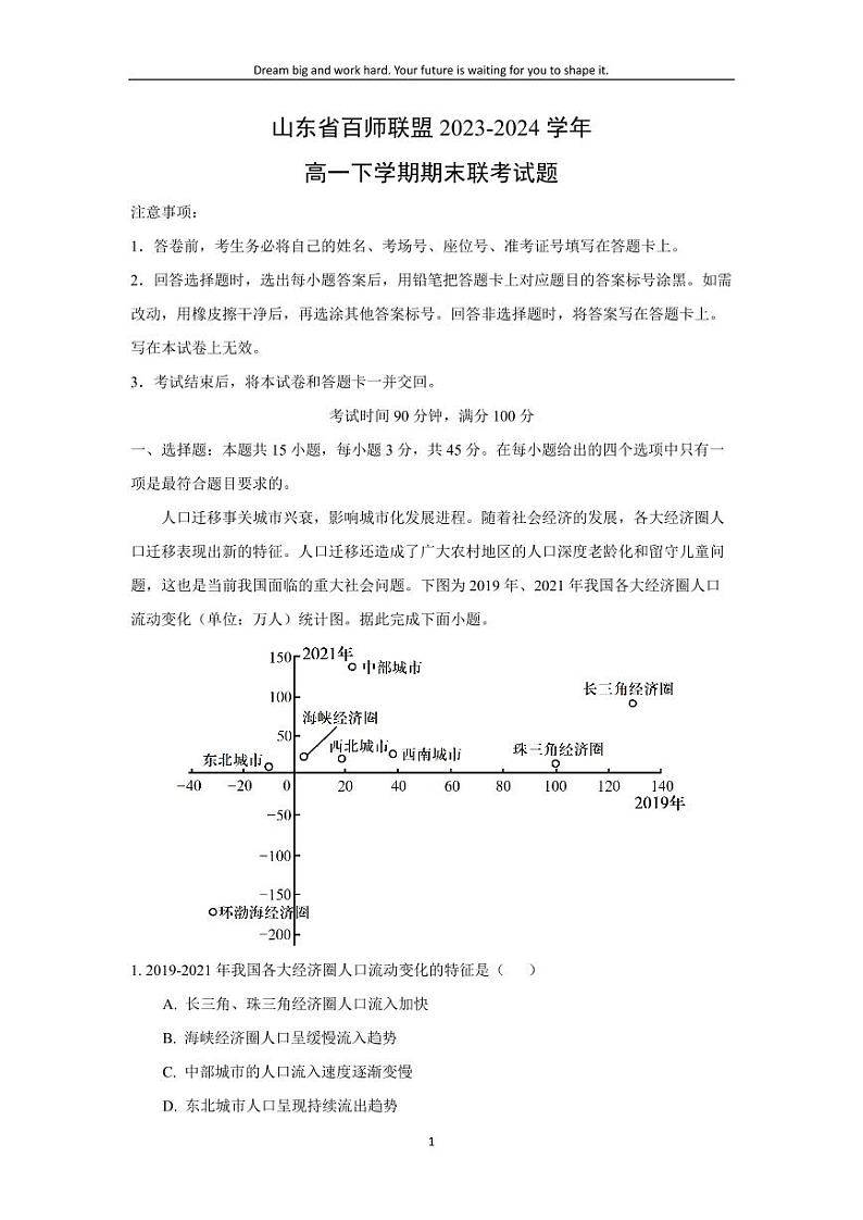 [地理][期末]山东省百师联盟2023-2024学年高一下学期期末联考试题(解析版)第1页