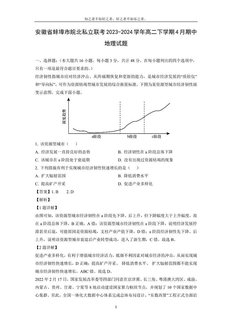 [地理][期中]安徽省蚌埠市皖北私立联考2023-2024学年高二下学期4月期中试题(解析版)01