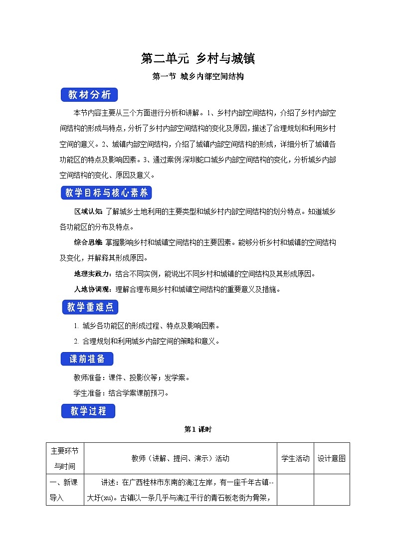 【新教材】鲁教版高中地理必修第二册 2.1.1《城乡内部空间结构》教案01