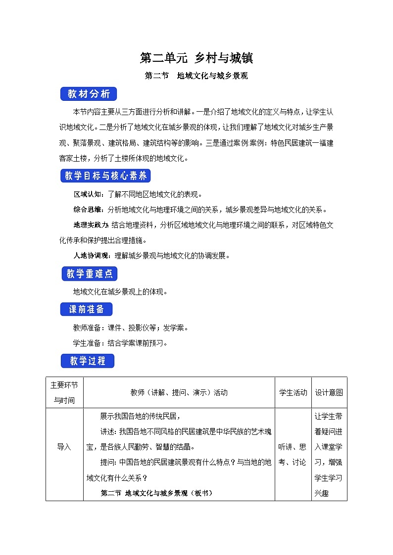 【新教材】鲁教版高中地理必修第二册 2.2《地域文化与城乡景观》教案01