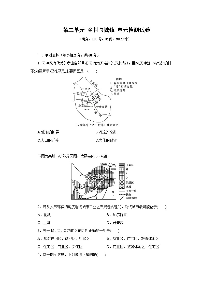 【新教材】鲁教版高中地理必修第二册 第二单元《乡村与城镇》单元测试卷（原卷+解析卷）01