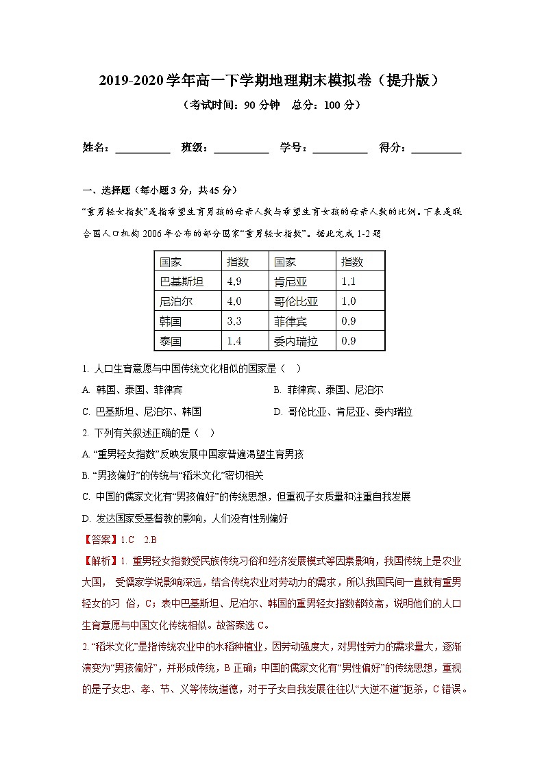 【新教材】鲁教版高中地理必修第二册 期末备考模拟（提升卷）（原卷+解析卷）01
