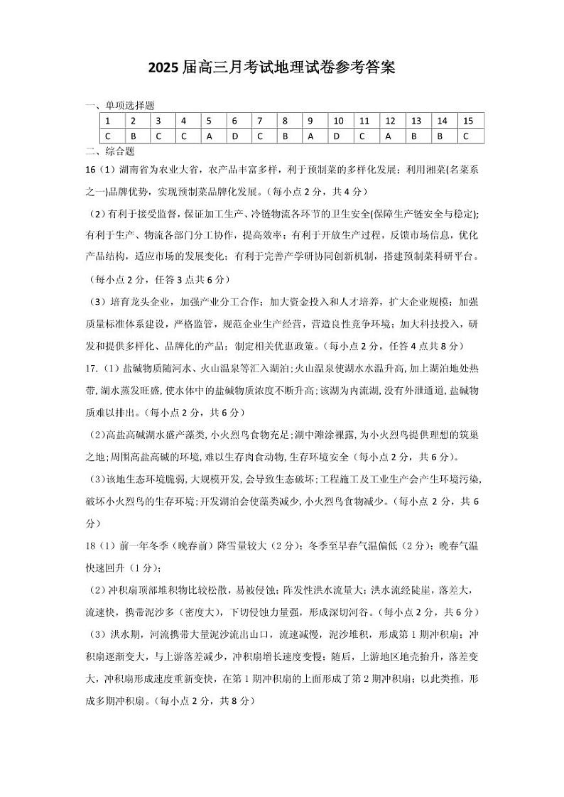 湖北省重点高中智学联盟 2025 届新高三 8 月联考考试地理答案第1页