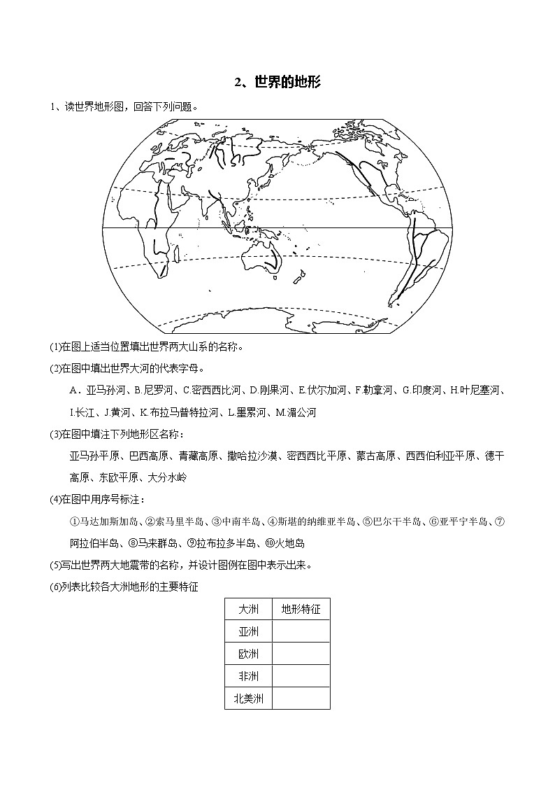【区域识图训练】高中世界地理（通用版）识图训练02 世界的地形（教师版+学生版）01