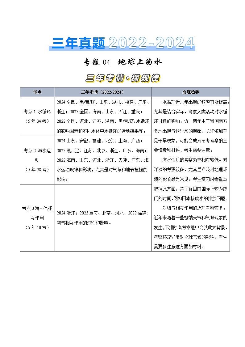 三年（2022-2024）高考地理真题分类汇编（全国通用）专题04 地球上的水（原卷版）01