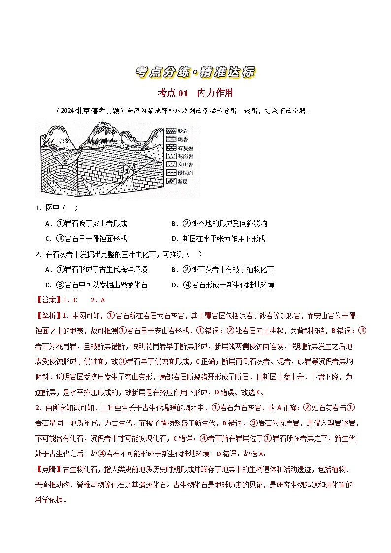三年（2022-2024）高考地理真题分类汇编（全国通用）专题05地质地貌（解析版）02