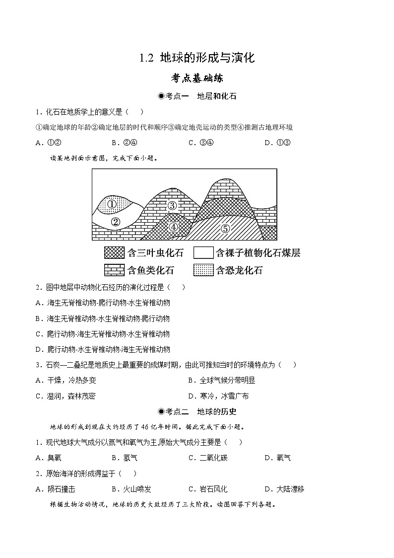 鲁教版2019高一地理 必修第一册 1.2+地球的形成与演化 分层作业01