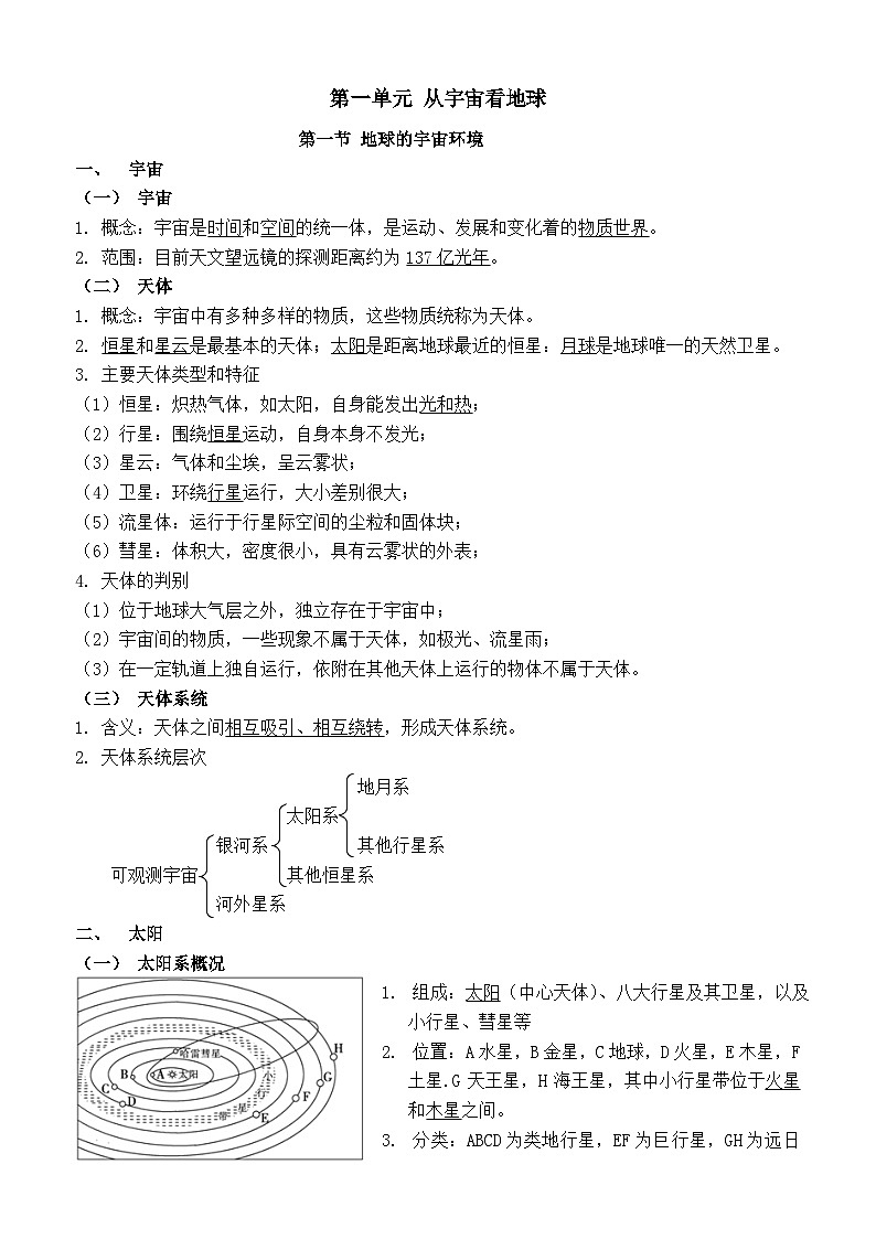 鲁教版2019高一地理 必修第一册 第一单元+从宇宙看地球 知识清单第1页