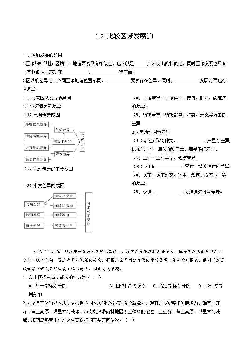 鲁教版2019高二地理选择性必修2 1.2比较区域发展的异同 分层练习01