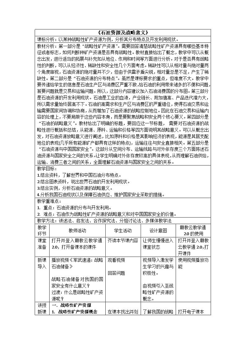 中图版2019高二地理选择性必修32.2石油资源及战略意义 教学设计01