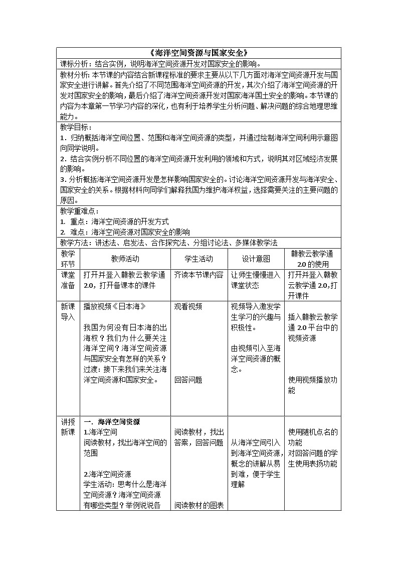 中图版2019高二地理选择性必修32.3海洋空间资源与国家安全 教学设计01