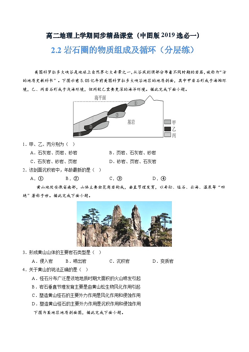 中图版2019高二地理选择性必修1 2.2岩石圈的物质组成及循环 分层练习01