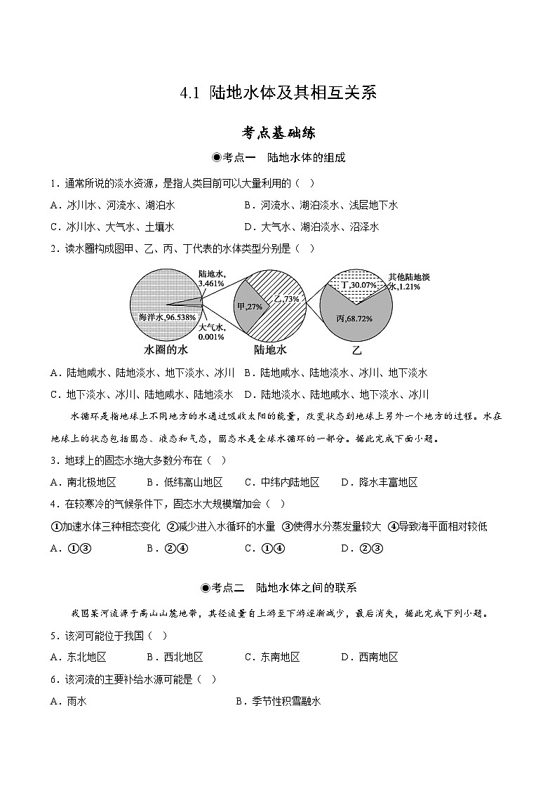 鲁教版2019高二地理选择性必修1 4.1 陆地水体及其相互关系 分层作业01