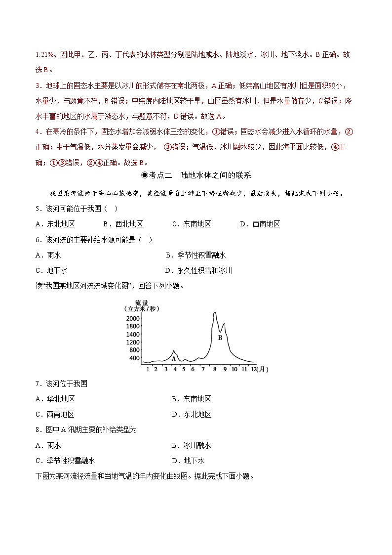 鲁教版2019高二地理选择性必修1 4.1 陆地水体及其相互关系 分层作业02