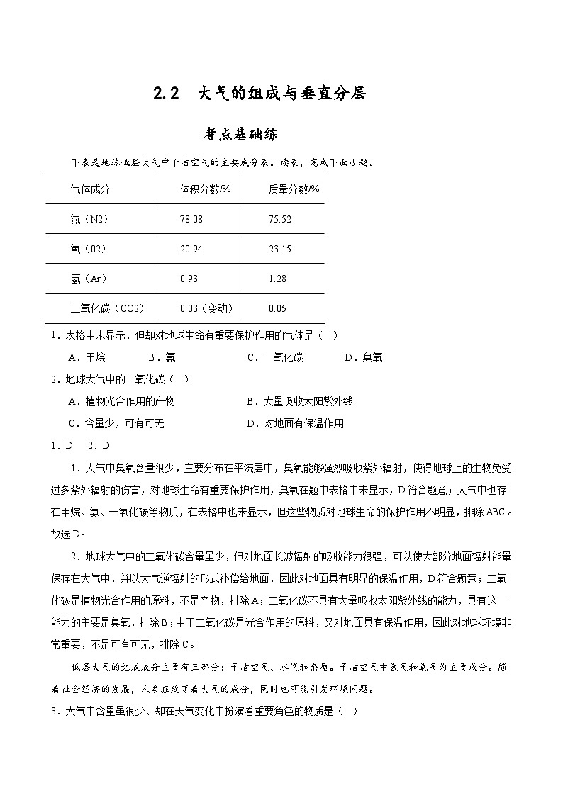 中图版2019高一地理必修第一册 2.2大气的组成与垂直分层 分层练习01
