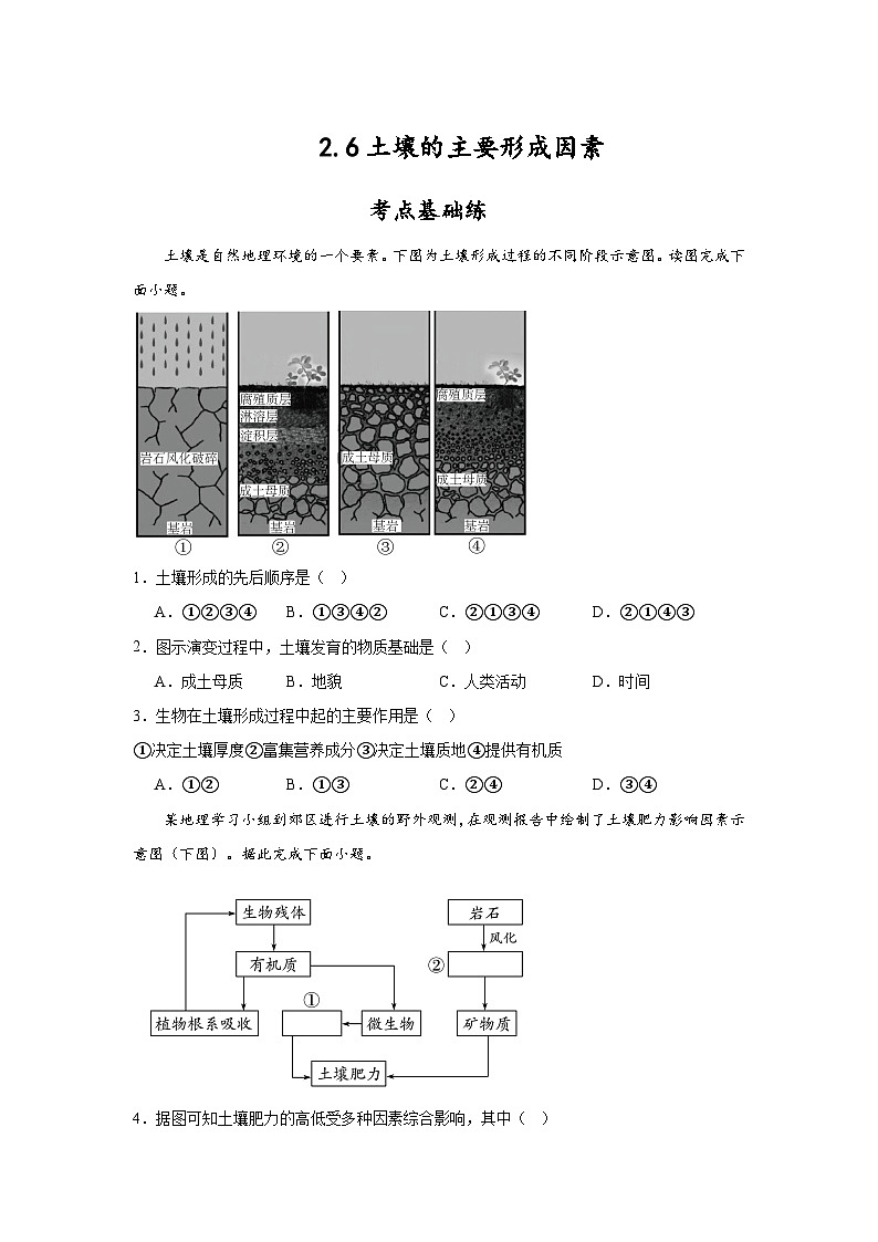 中图版2019高一地理必修第一册 2.6土壤的主要形成因素 分层练习01