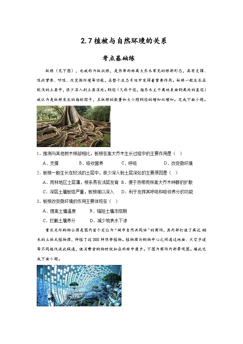中图版2019高一地理必修第一册 2.7植被与自然环境的关系 分层练习01