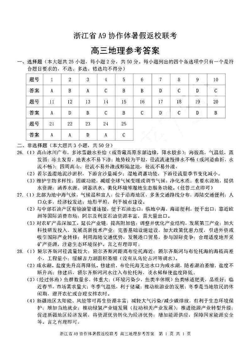 浙江省A9协作体2025届2024年8月高三年级八月暑期返校联考地理试卷答案第1页