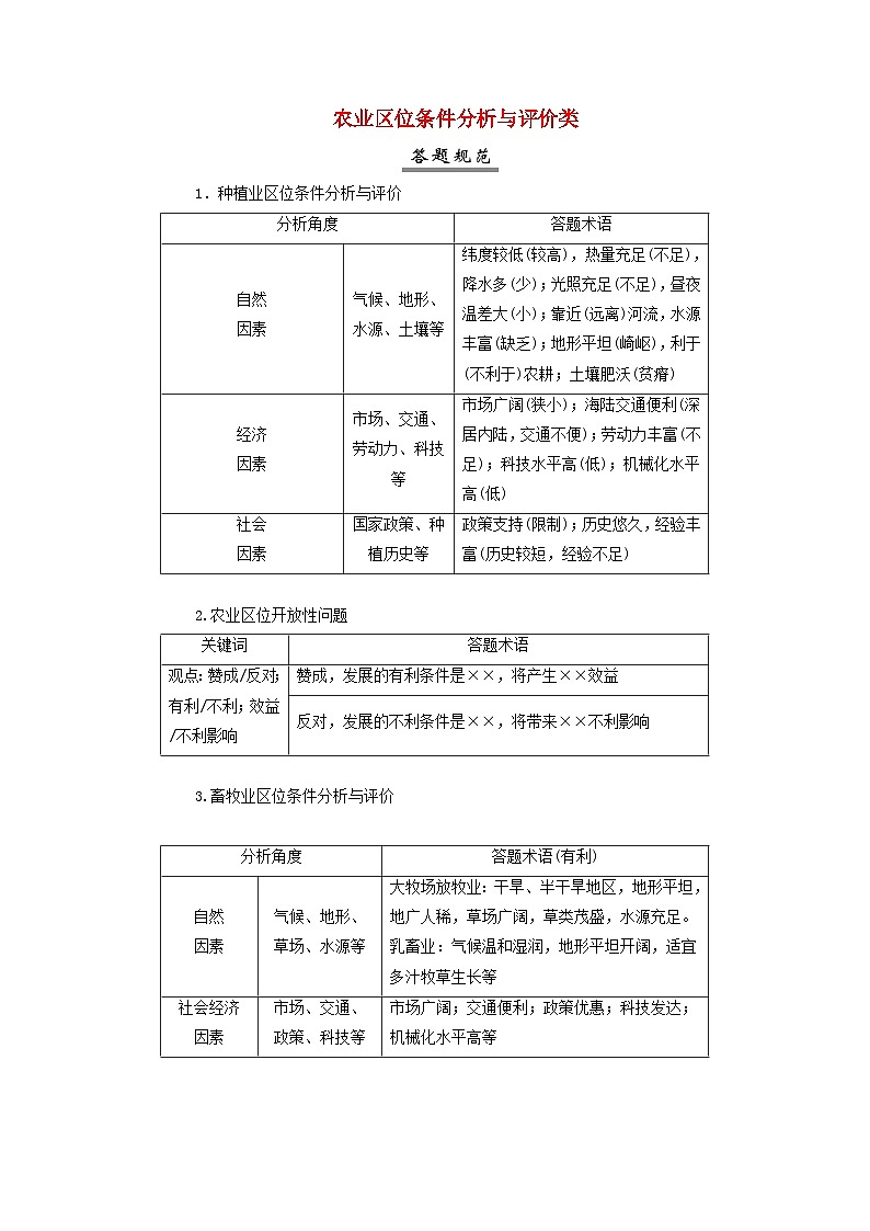 2025届高考地理一轮复习专题指导答题规范5农业区位条件分析与评价类学案第1页