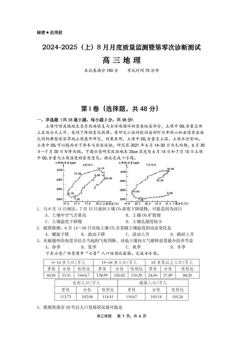 辽宁省沈文新高考研究联盟2024-2025学年高三上学期8月月度质量监测暨第零次诊断测试地理试题01