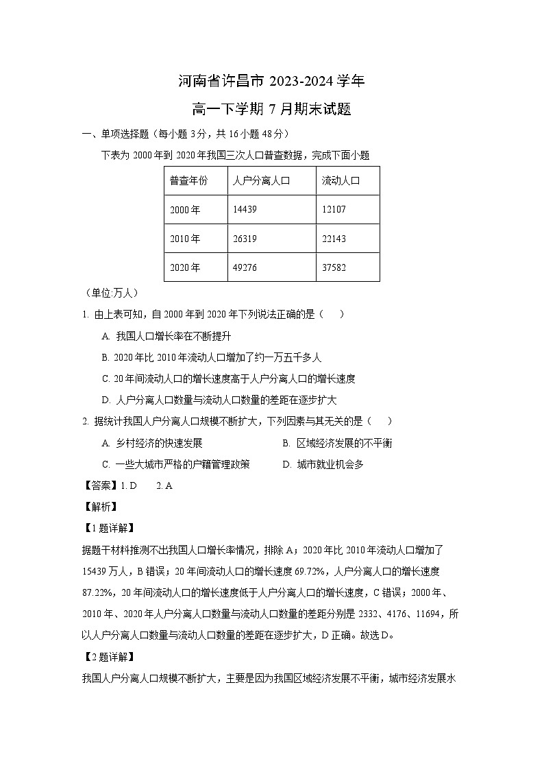 [地理][期末]河南省许昌市2023-2024学年高一下学期7月期末试题(解析版)01