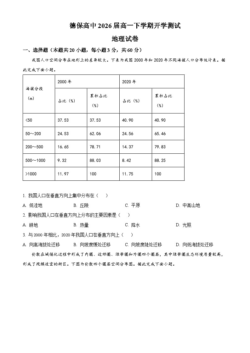 广西百色市德保县德保高中2024-2025学年高二上学期开学考试地理试题（原卷版）01