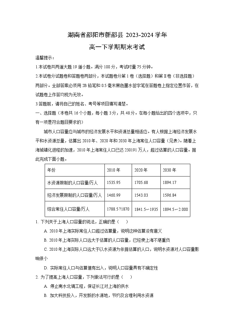 [地理][期末]湖南省邵阳市新邵县2023-2024学年高一下学期期末考试(解析版)第1页