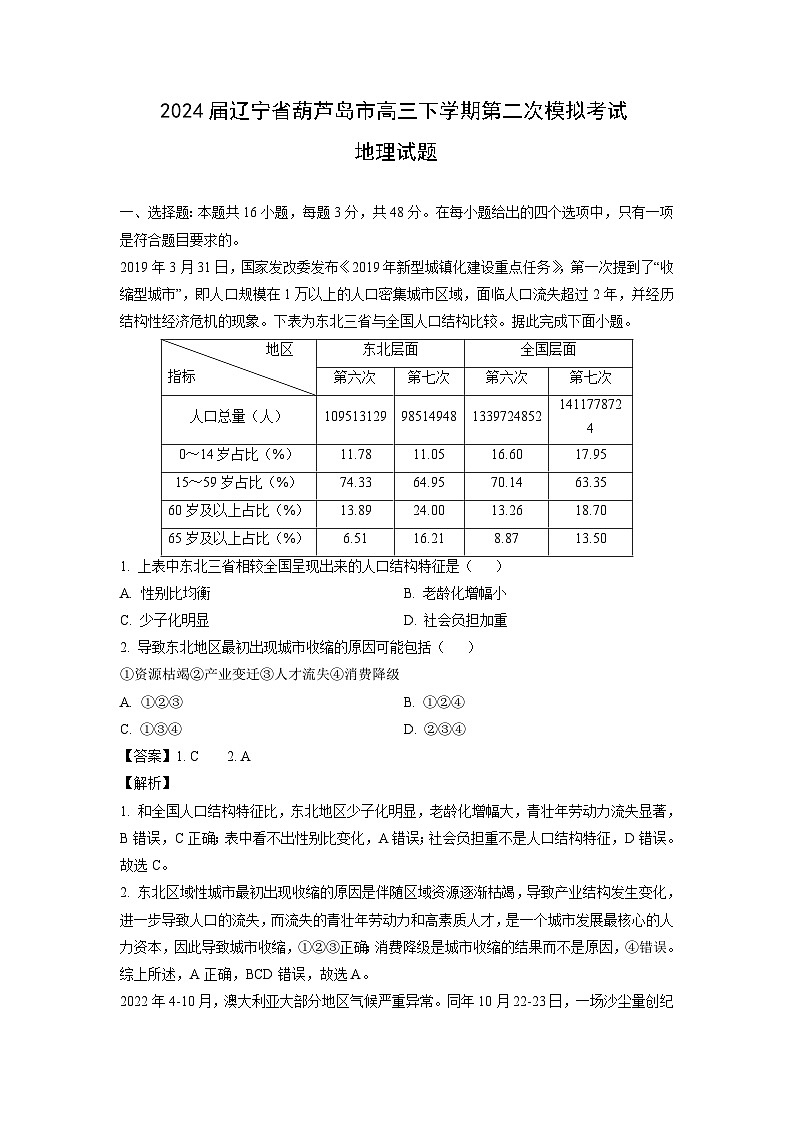 [地理]2024届辽宁省葫芦岛市高三下学期第二次模拟考试试题(解析版)第1页